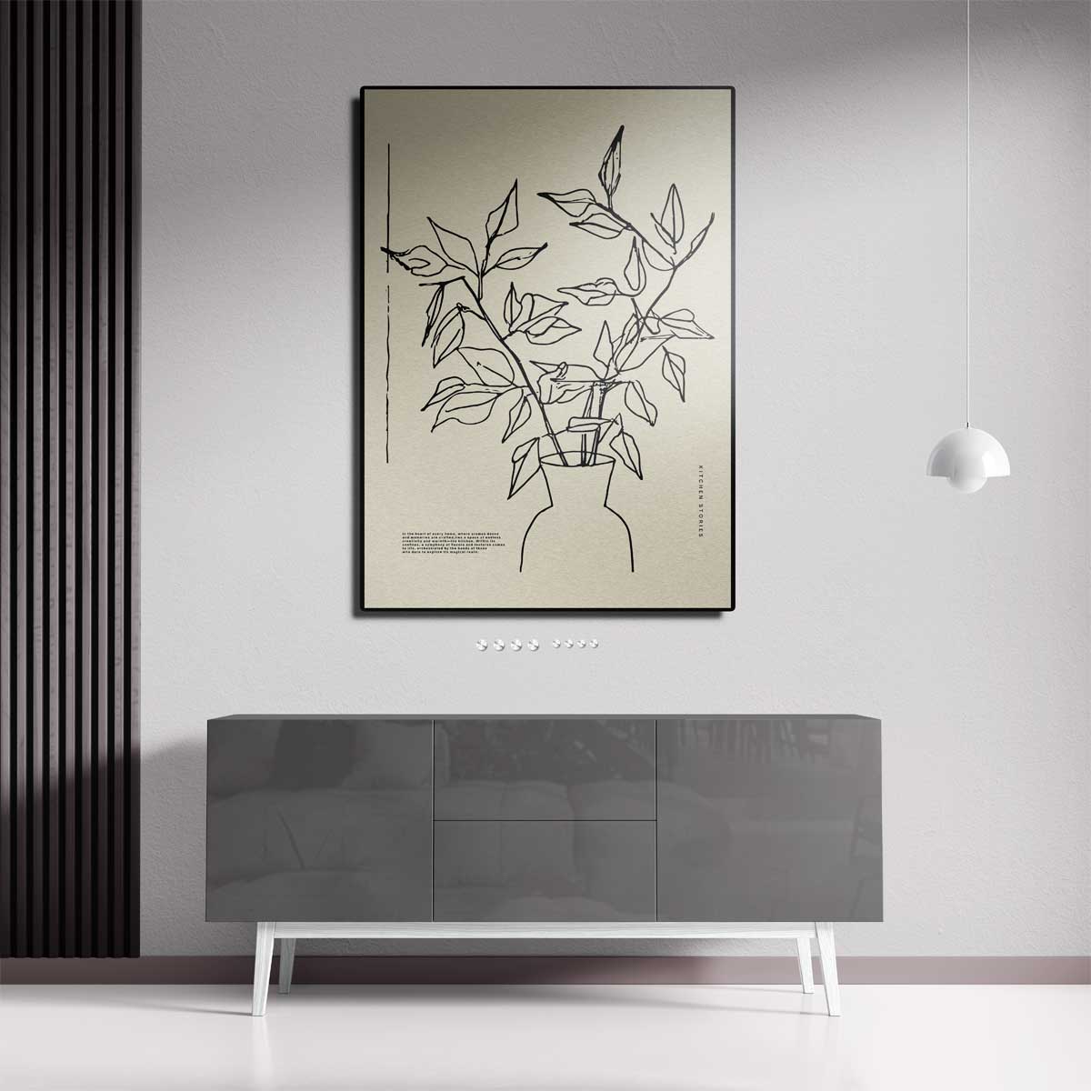 Minimalistische Plantenschets in Vaas – staande wandkunst voor woonkamer of interieur