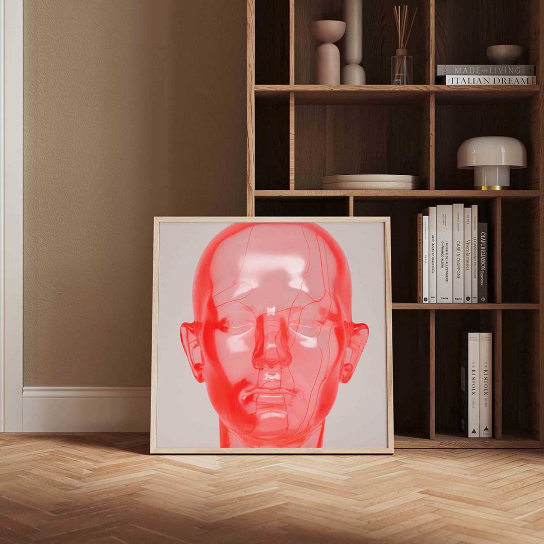 Transparant rood hoofd – kleurrijke vierkante wanddecoratie van WallArtistic