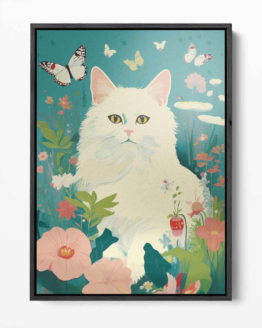 Opera d'arte: Gatto sognante in un giardino fiorito