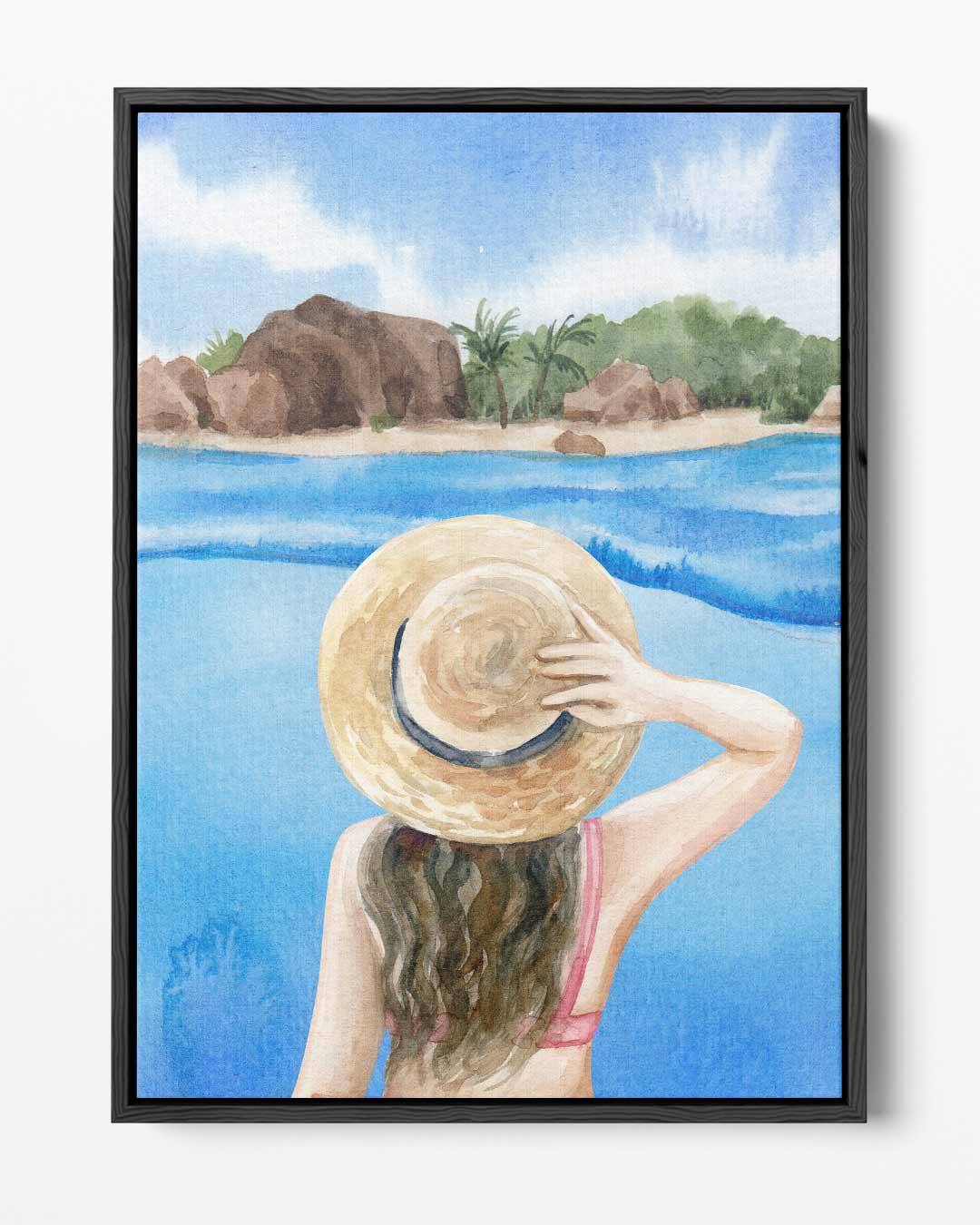 Vrouw met hoed bij zee – portret kunstwerk als wanddecoratie