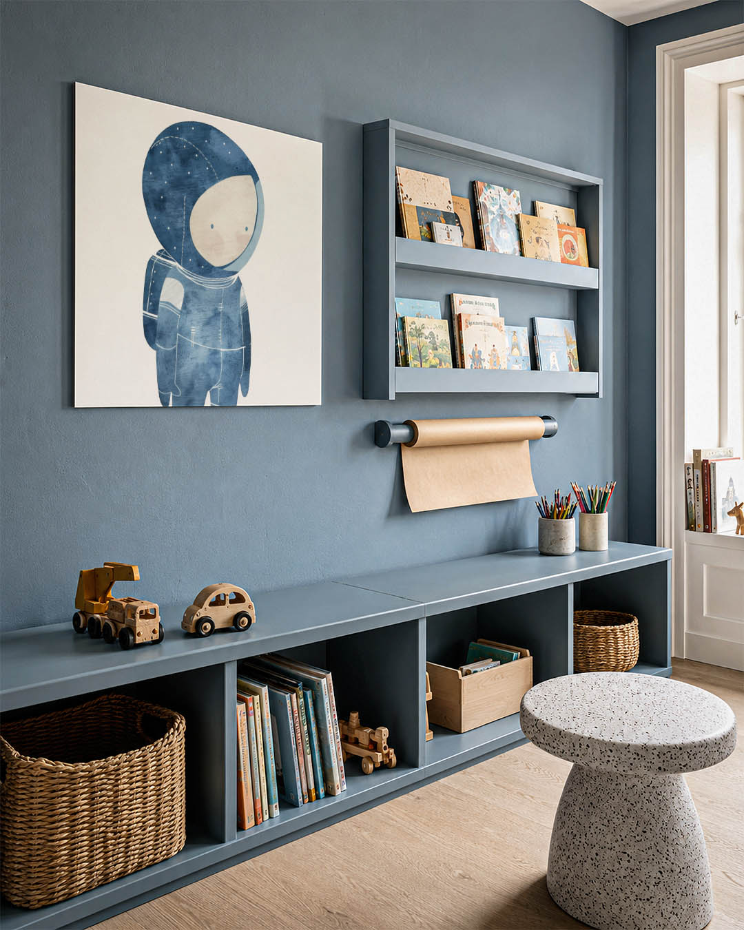 Dromerige ruimtefiguur kunstwerk – detailweergave – een speelse figuur in een blauwe ruimtepak met zachte lijnen en subtiele