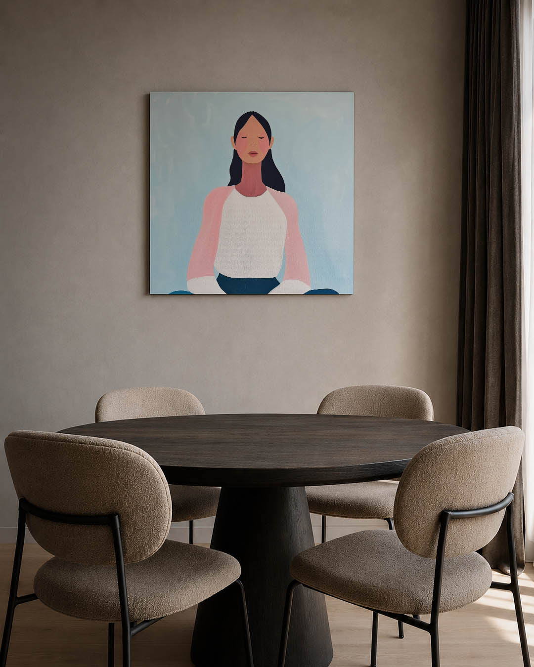 Meditatieve vrouw kunstwerk – tweede productweergave – dit kunstwerk toont een vrouw in meditatie, met zachte kleuren en een