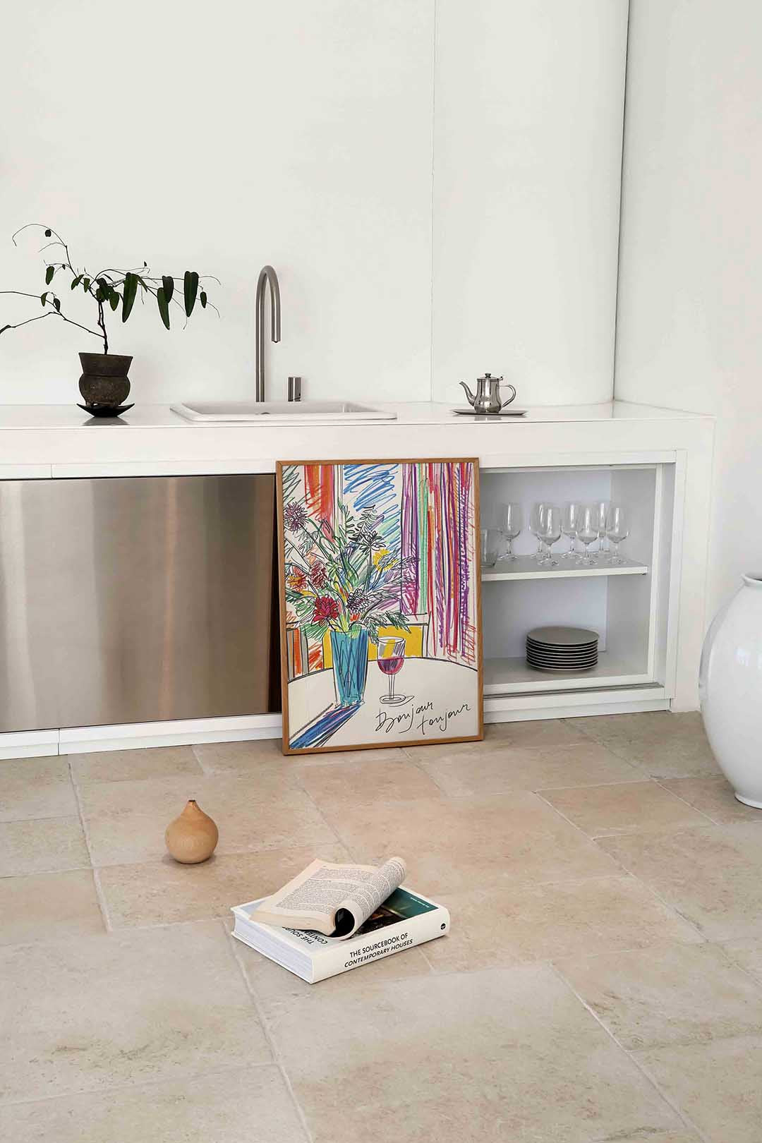 Bloemen in vaas met glas – culinaire wandkunst als portret poster