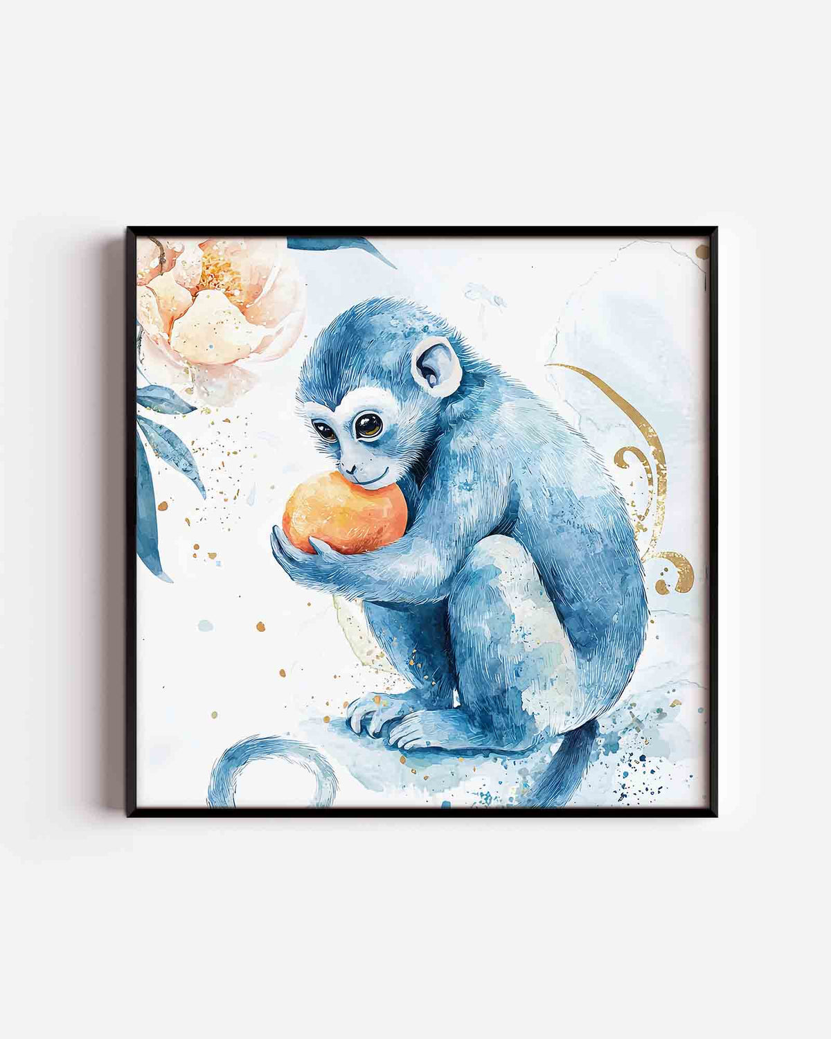 Blauwe aap met sinaasappel – vierkante dierenposter als wanddecoratie