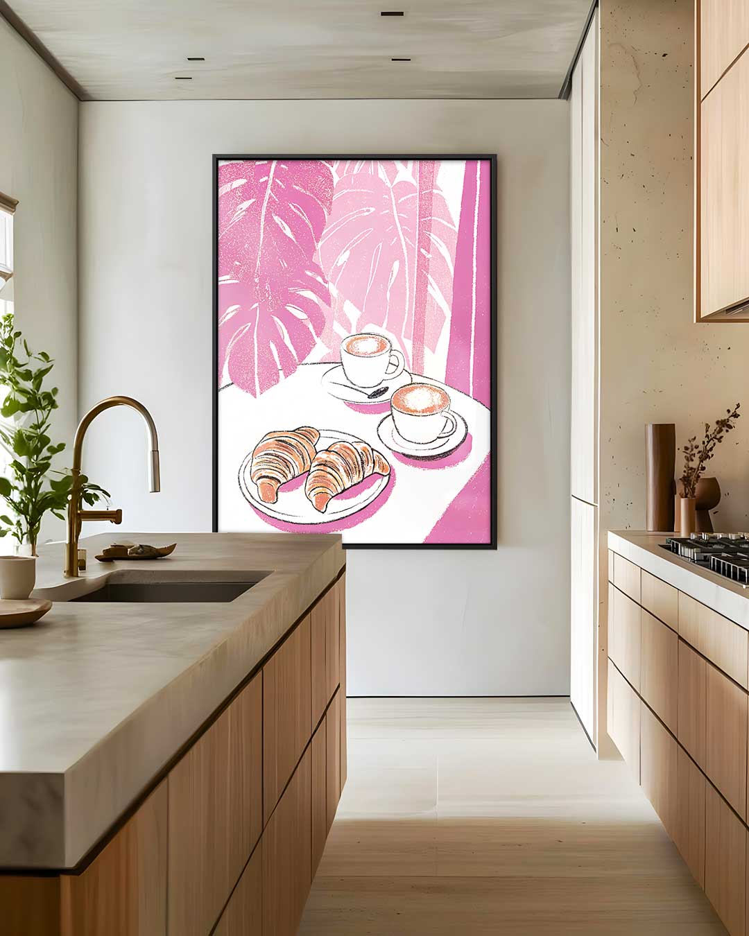 Koffie en Croissants in Roze Oase – staand kunstwerk voor modern interieur