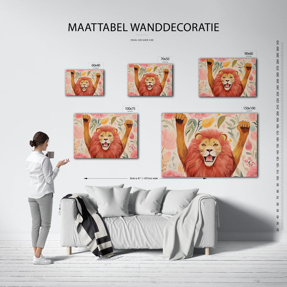 Leeuw en bloemen – moderne liggende wanddecoratie