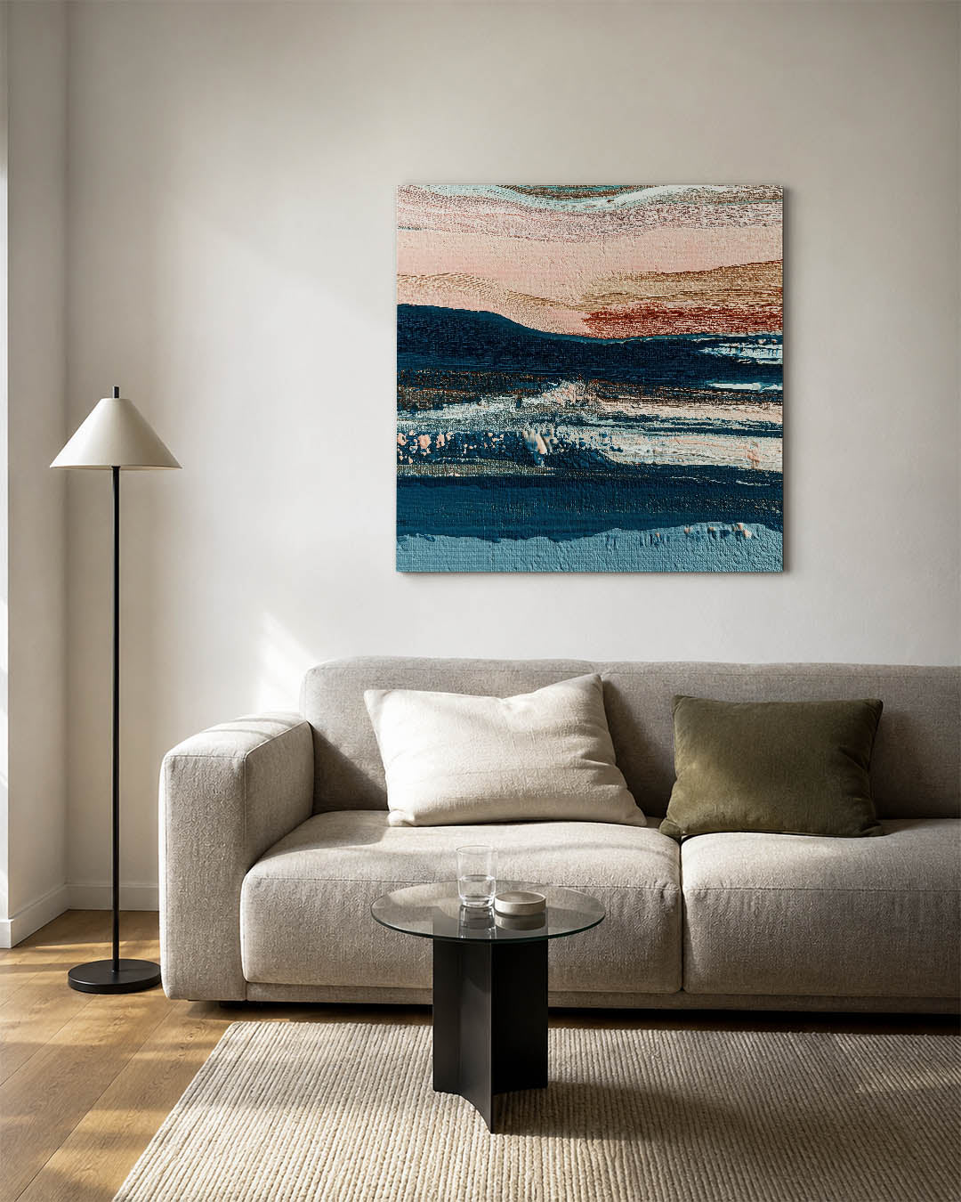 Gelaagde kleurencompositie kunstwerk – vierkante wanddecoratie – dit werk toont een dynamische mix van horizontale lijnen en