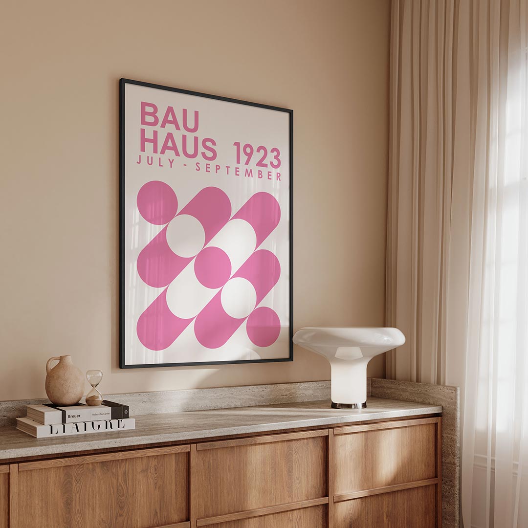 Roze cirkelpatronen – geometrische Bauhaus poster in staand formaat