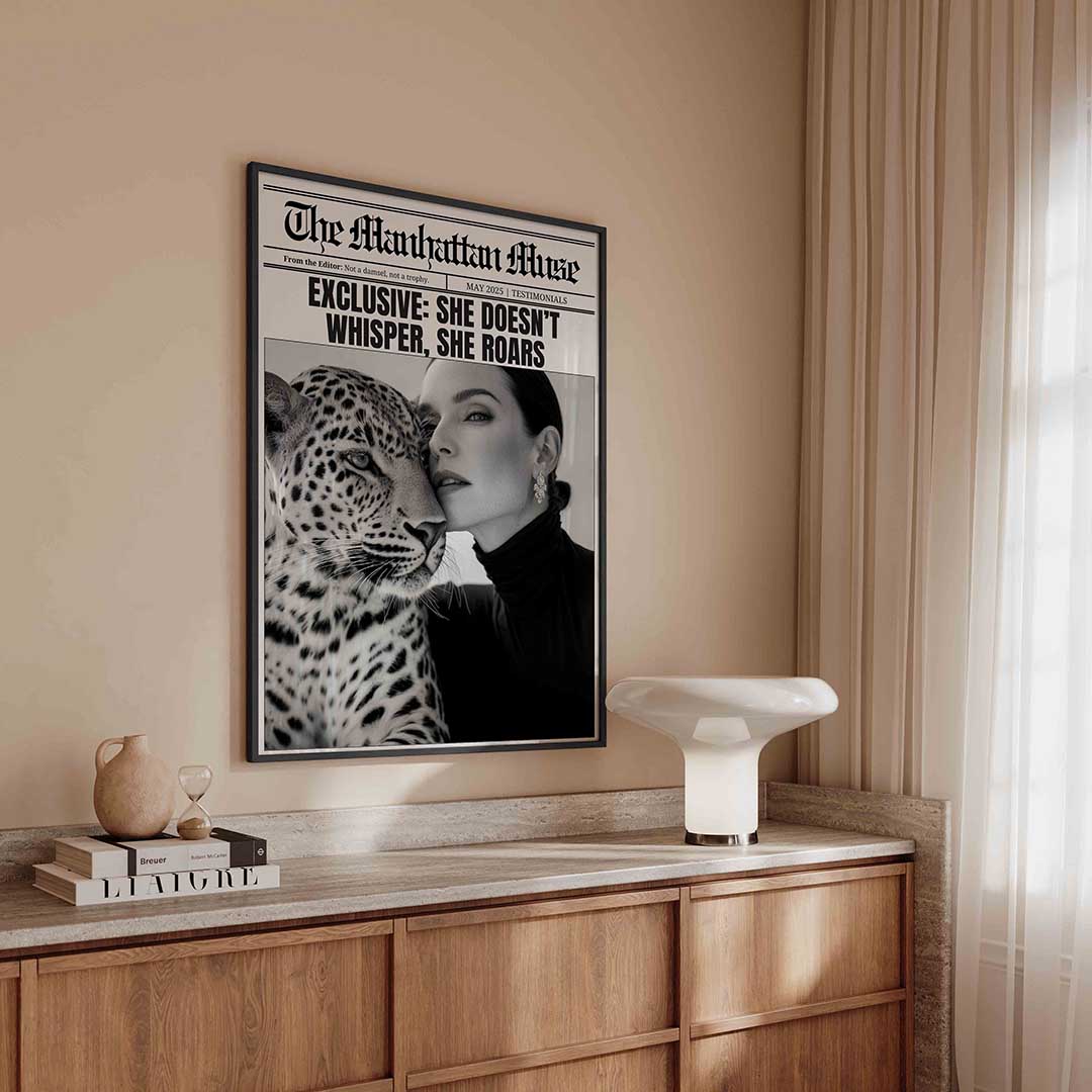 Vrouw met luipaard – kleurrijke Pop Art poster in staand formaat