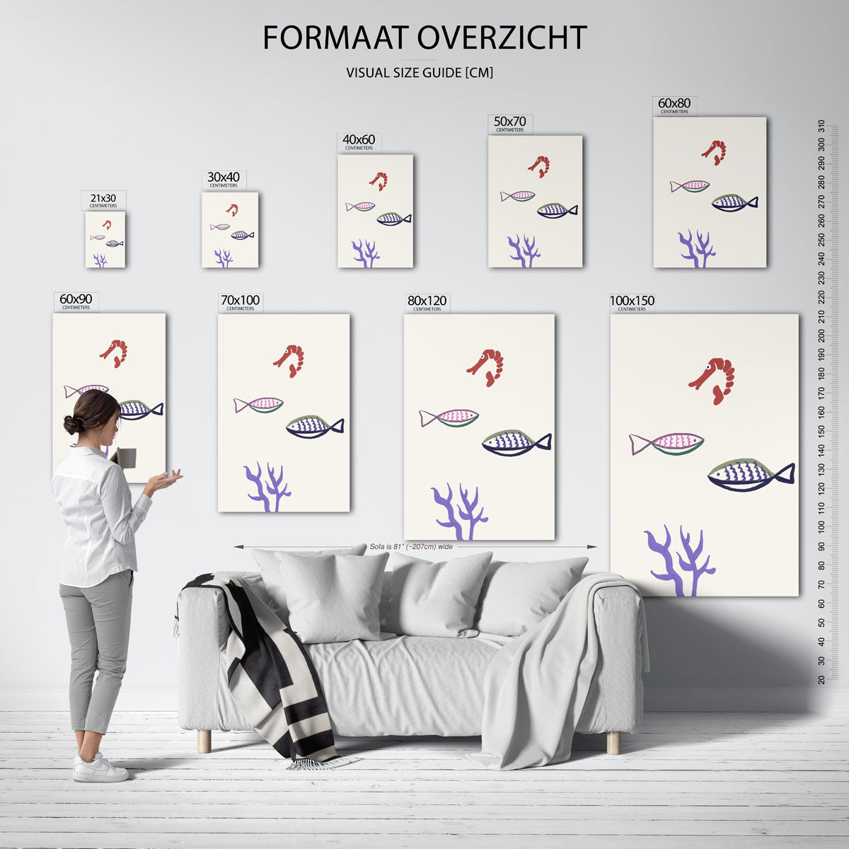 Vissen en garnaal – staande muurposter met hedendaagse illustratie