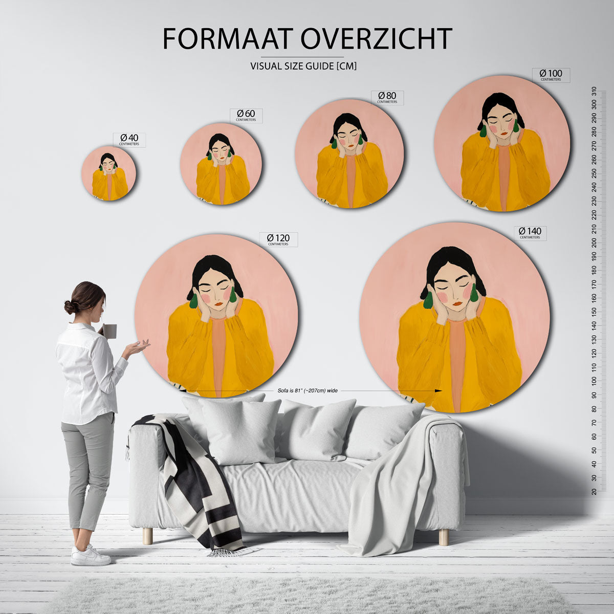 Vrouw met gele trui – moderne ronde muurdecoratie met abstracte vormen