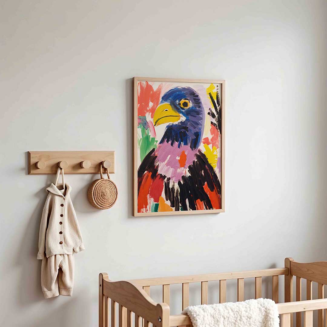 Vogel met kleurrijke achtergrond – kinderposter in staand formaat