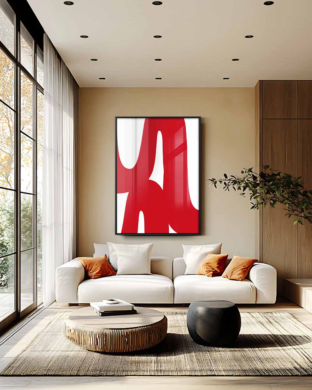 Speelse Rode Golven – staande wandkunst voor woonkamer of interieur