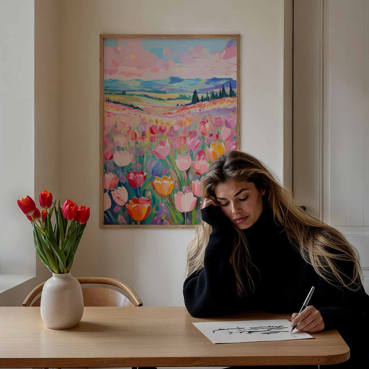 Vrolijke Tulpenweide – bloemen poster als moderne staande wanddecoratie