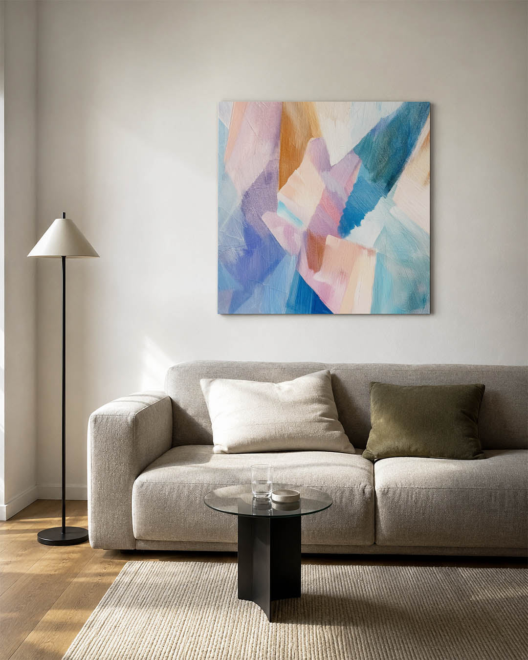 Kleurrijke vormen kunstwerk – vierkante wanddecoratie – dit werk toont een dynamische compositie van overlappende vormen in