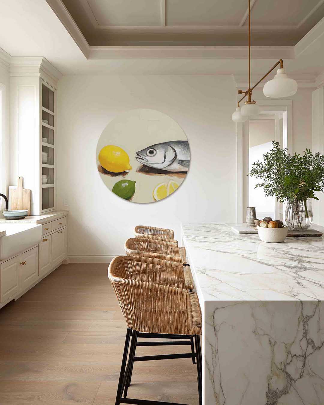 Vis en citrus – abstracte muurcirkel als ronde wanddecoratie