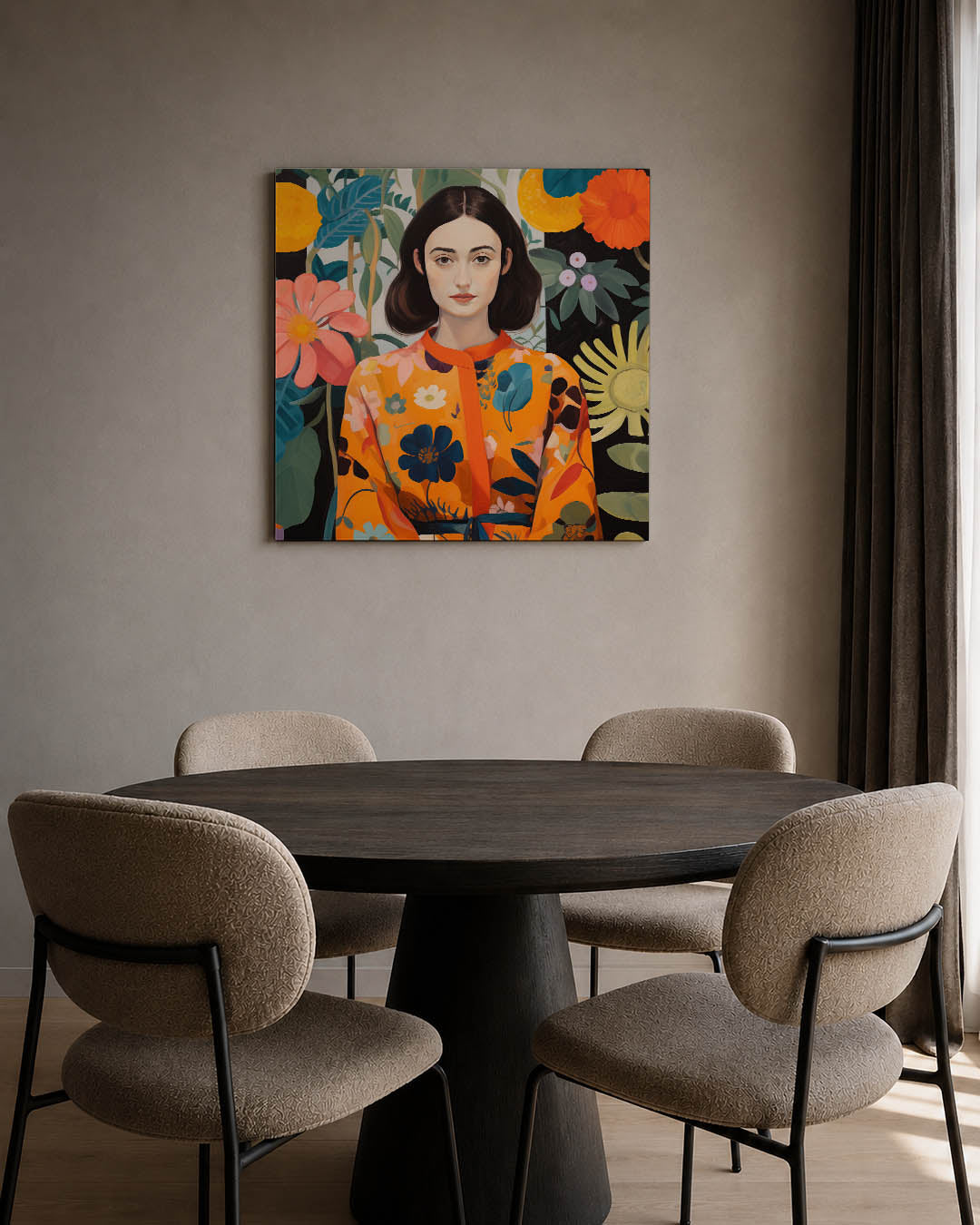 Vrouw met bloemen kunstwerk – tweede productweergave – dit werk toont een vrouw omringd door kleurrijke bloemen. De levendige