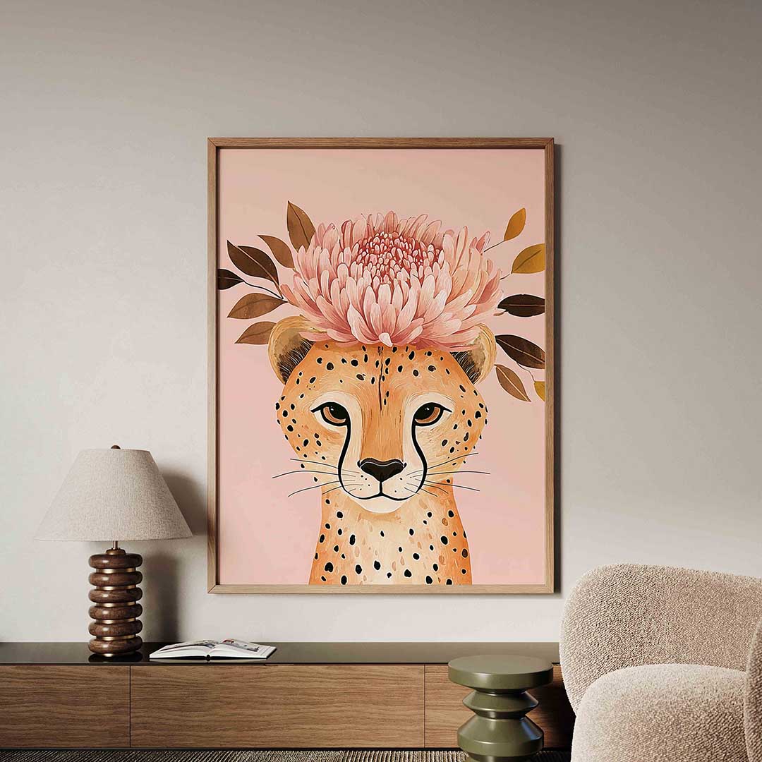 Cheetah met bloemen – dieren poster in staand formaat