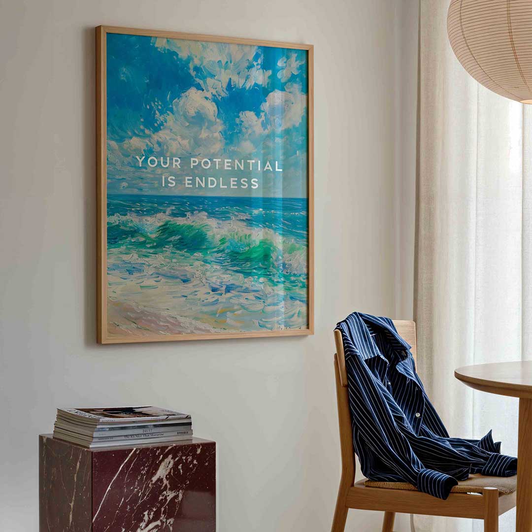 Golvende zee en lucht – kleurrijke illustratie poster in staand formaat