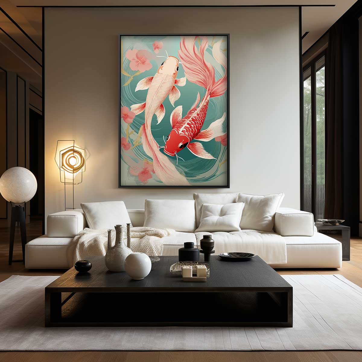 Elegant Koi Vissen Kunstwerk – plexiglas wanddecoratie in portret formaat