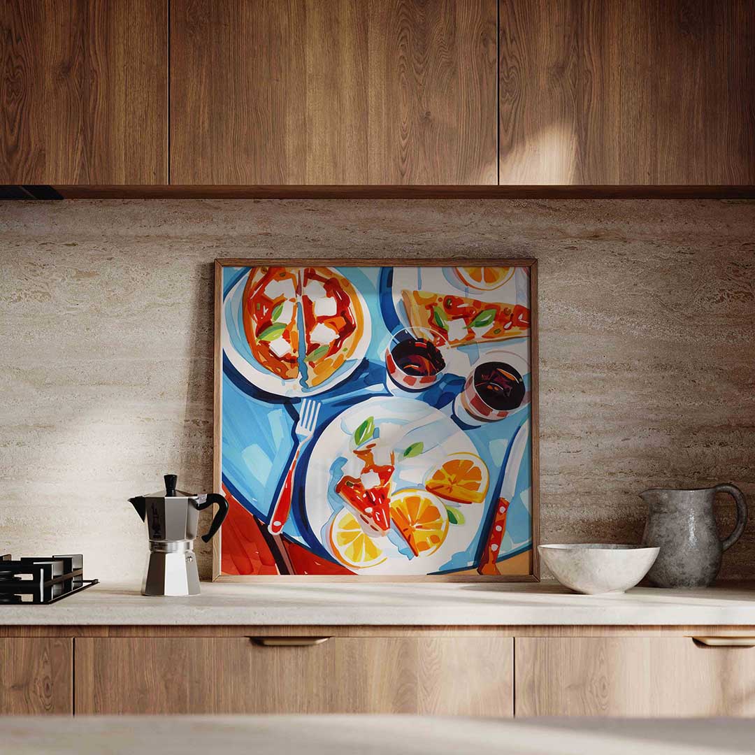 Pizza en sinaasappels – culinaire wandkunst als vierkante poster
