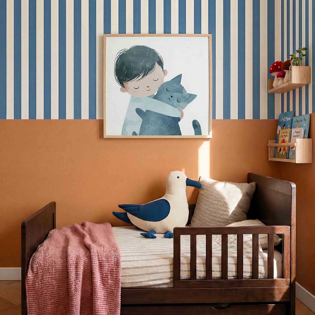 Jongen met kat – kids poster in vierkant formaat