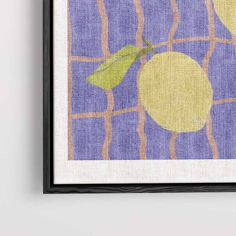 Citroenen op Blauw Ruitpatroon – plexiglas kunstwerk als wanddecoratie