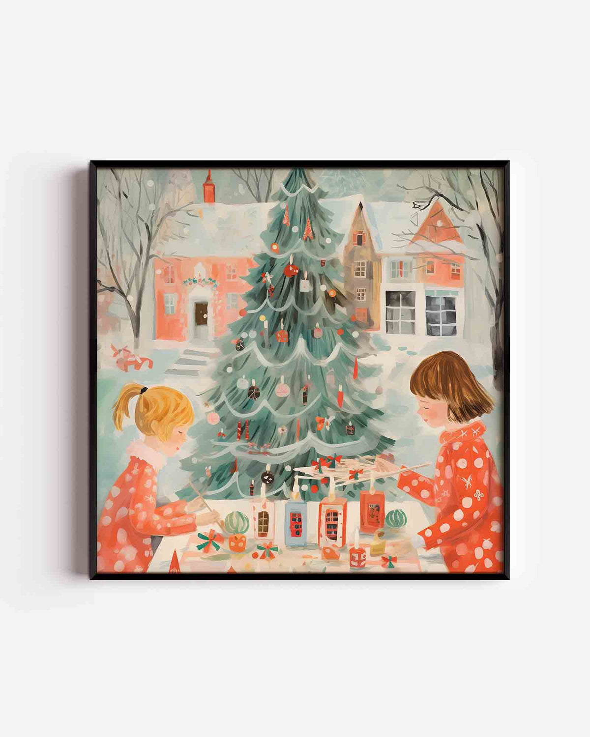 Kerstboom en kinderen – kerst vierkante poster als wanddecoratie