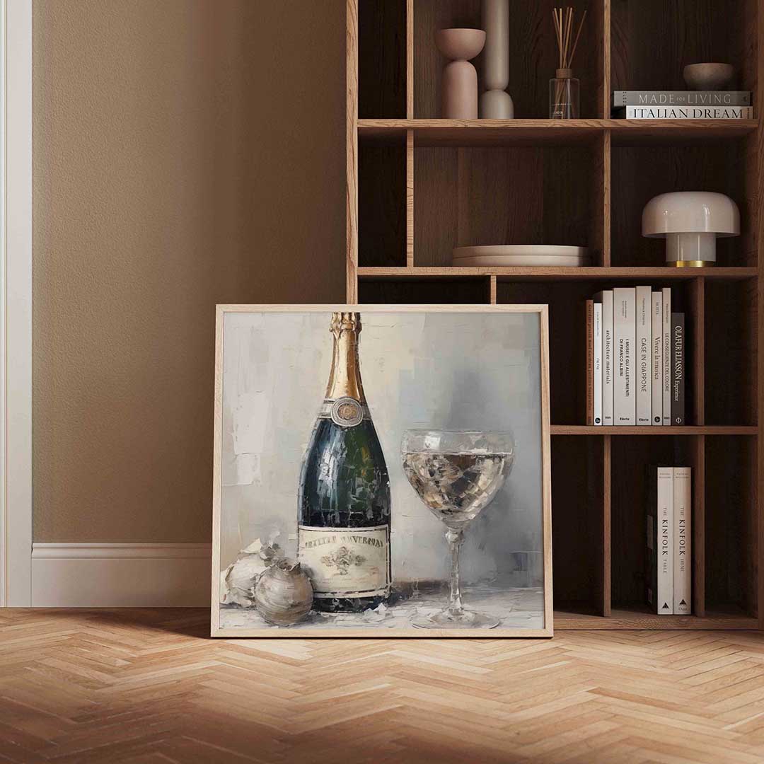 Champagnefles en glas – kerstposter in vierkant formaat