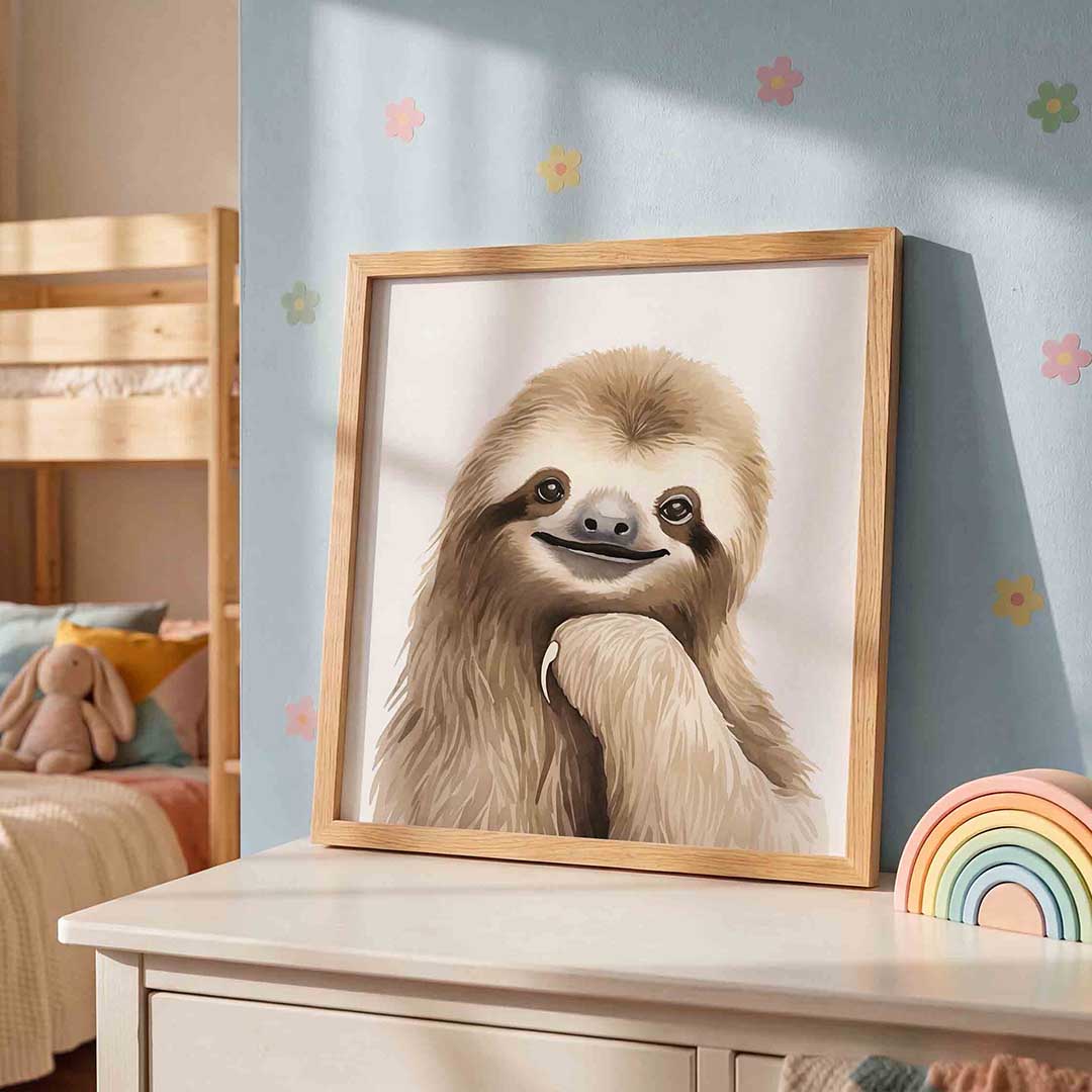 Lachende luiaard – speelse wandkunst als vierkante kinderposter