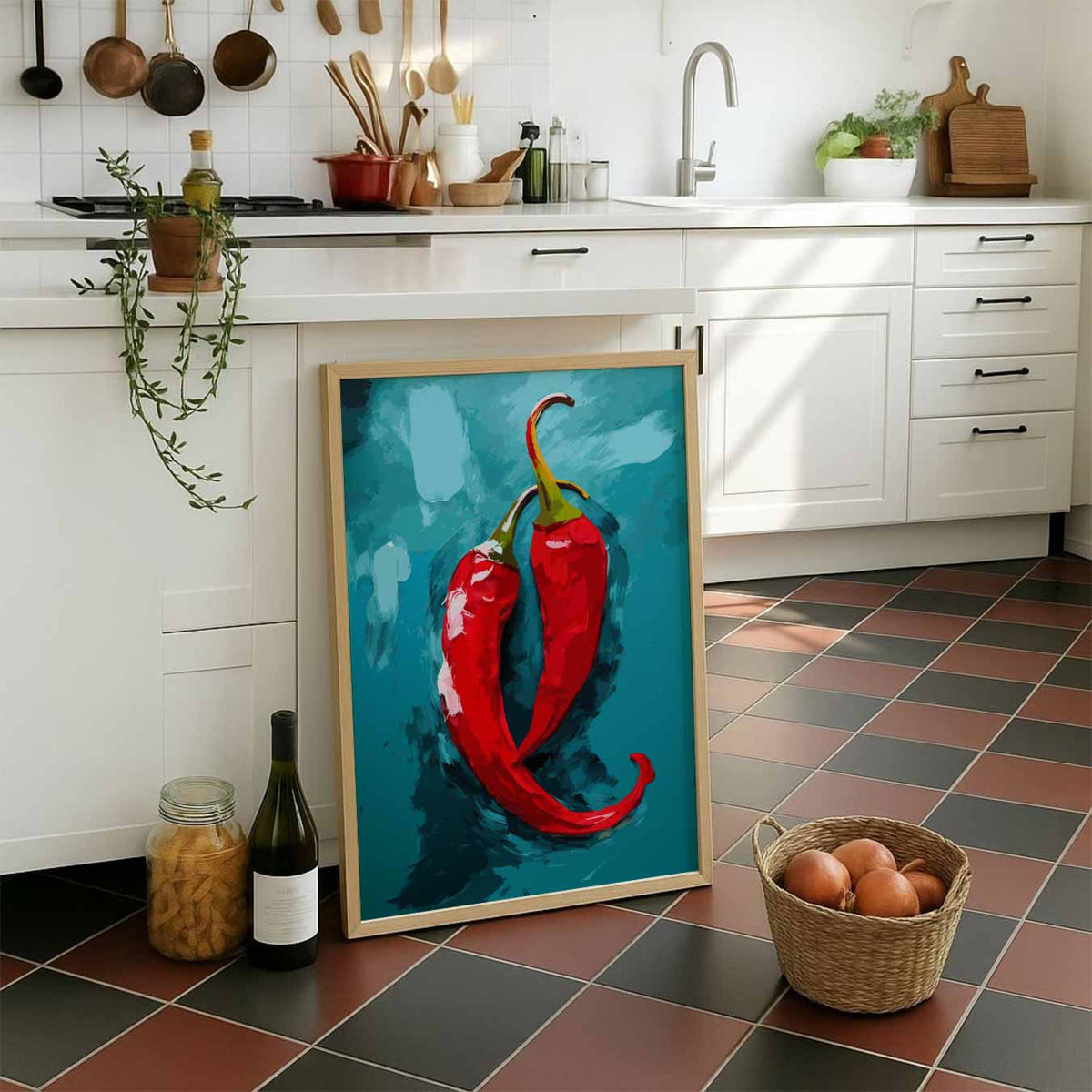 Pittige Paprika Kunstposter – staande muurposter voor keuken of eethoek
