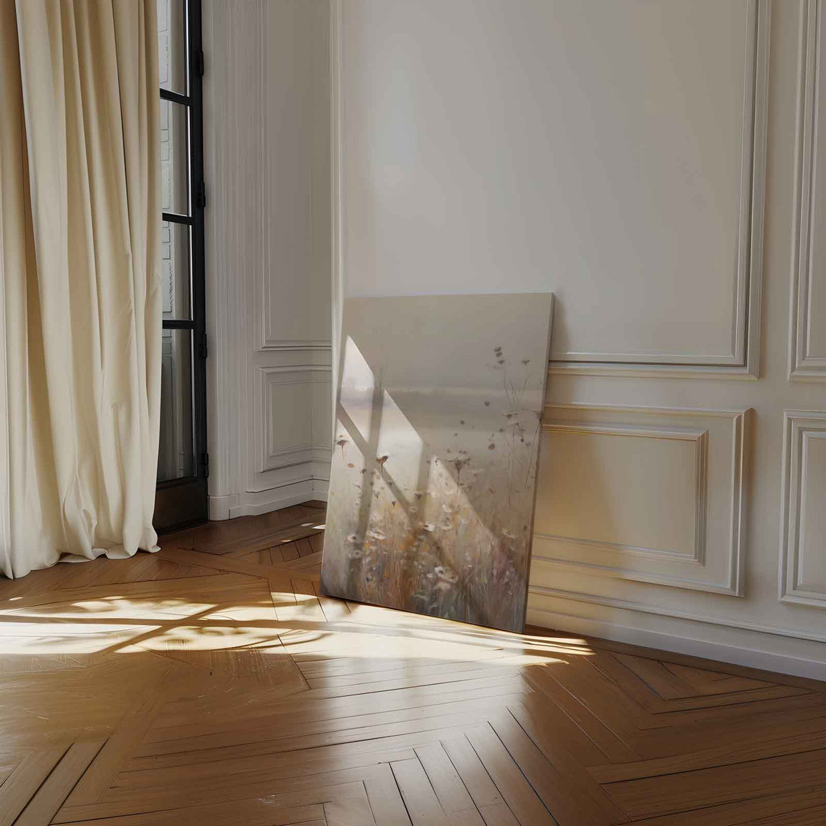 Mistige Bloemenweelde in de Ochtend – canvas wanddecoratie in portret formaat