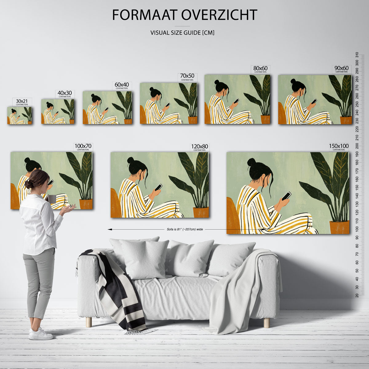 Vrouw met telefoon – liggende muurposter voor een modern interieur