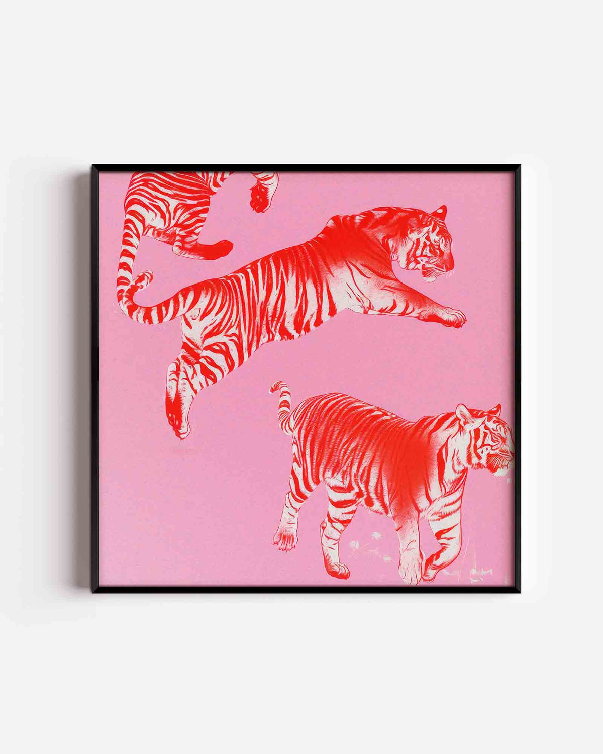 Tijgers op roze achtergrond – kleurrijke illustratie poster als wanddecoratie