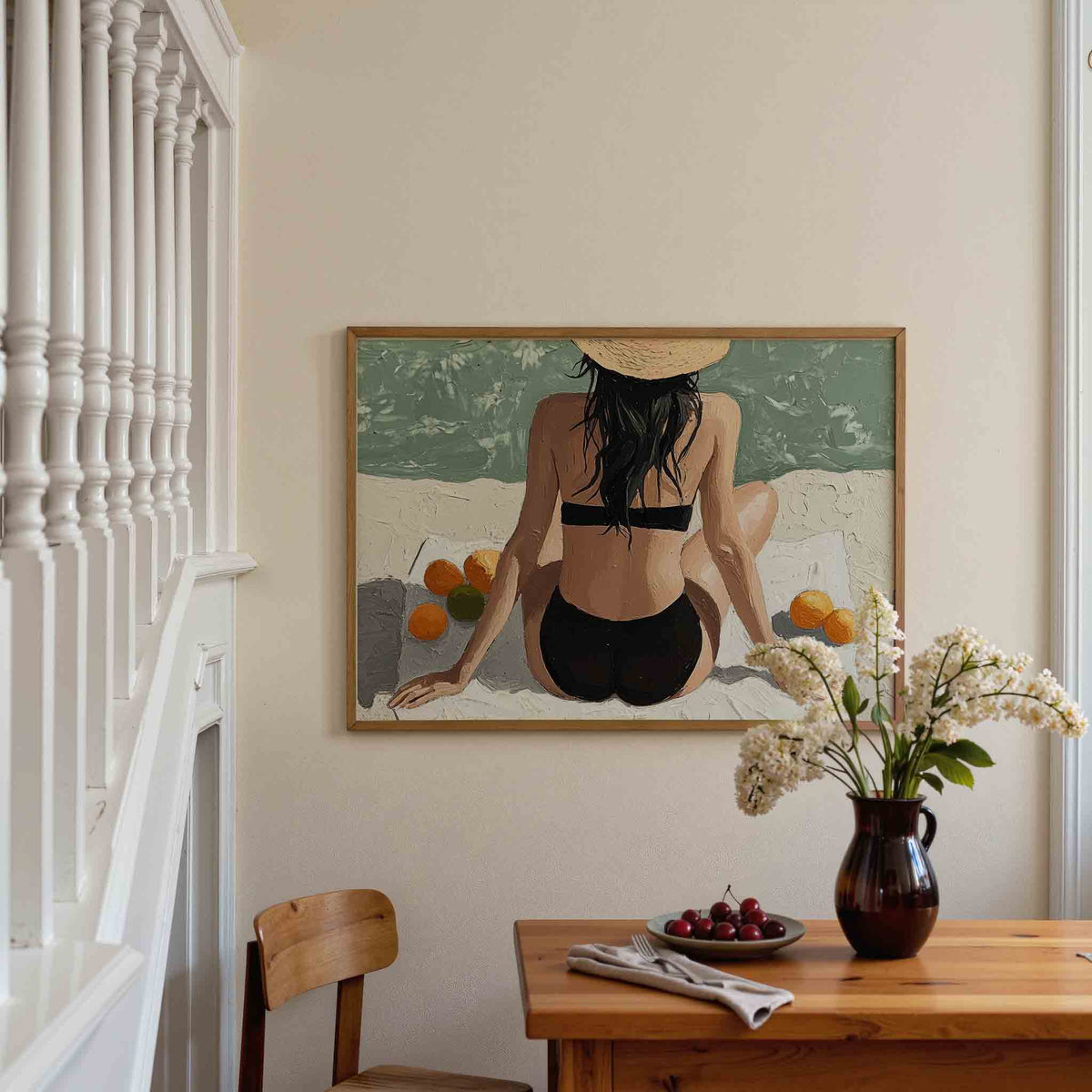 Vrouw op strand – liggende illustratie poster als wanddecoratie