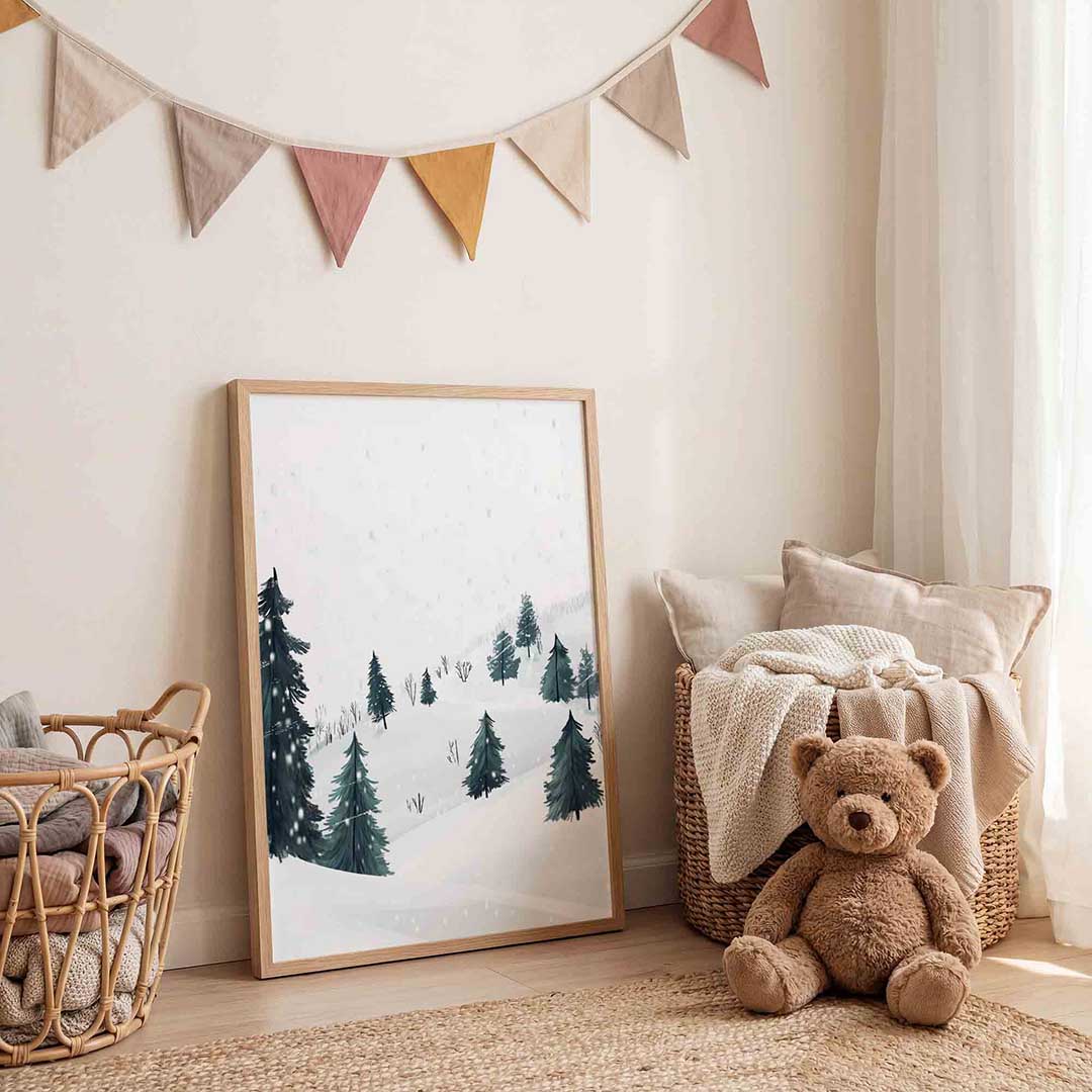Sneeuwlandschap met bomen – speelse wandkunst als portret kinderposter