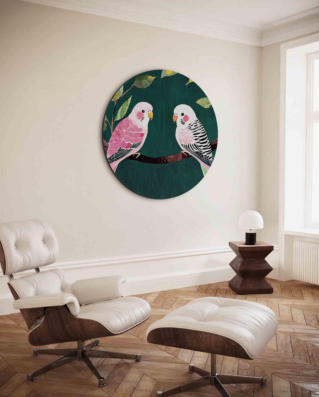 Papegaaien op tak – kleurrijke ronde wanddecoratie van WallArtistic