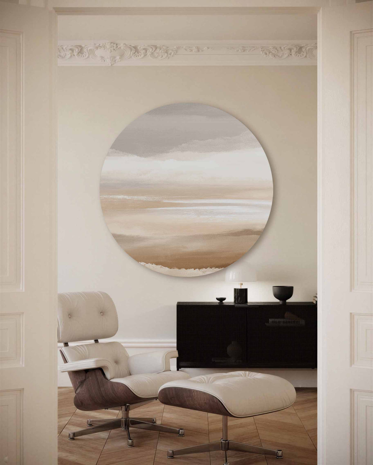 Landschap in beige – portret muurcirkel als ronde muurdecoratie
