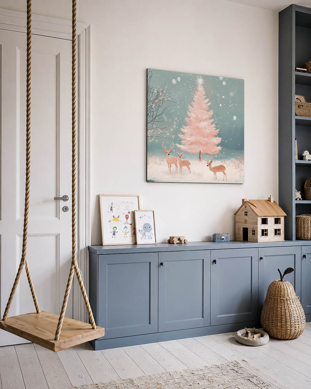 Winterlandschap met herten kunstwerk – vierkante wanddecoratie – dit werk toont een serene winterse scène met een roze boom
