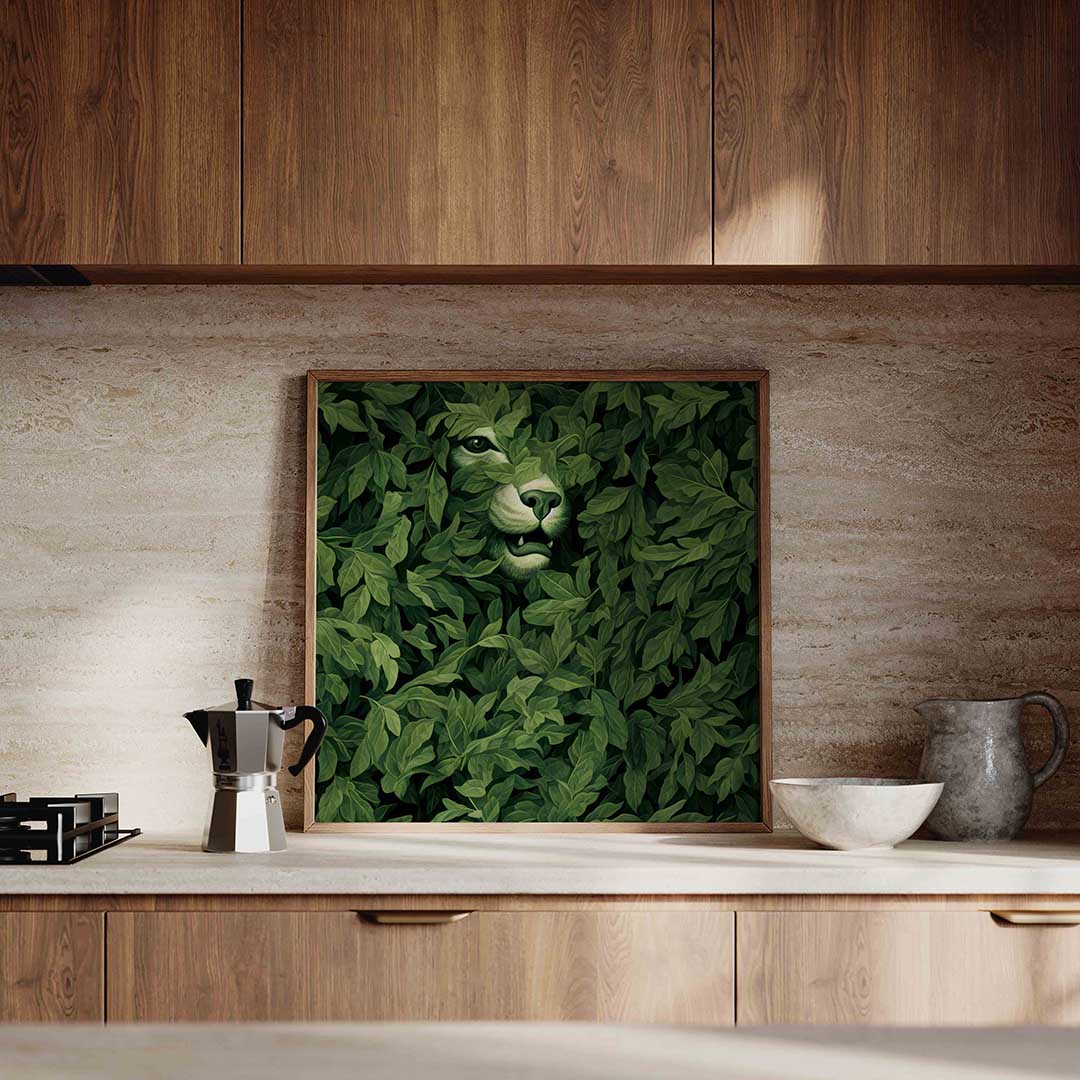 Verborgen leeuw – decoratieve wandkunst als vierkante poster