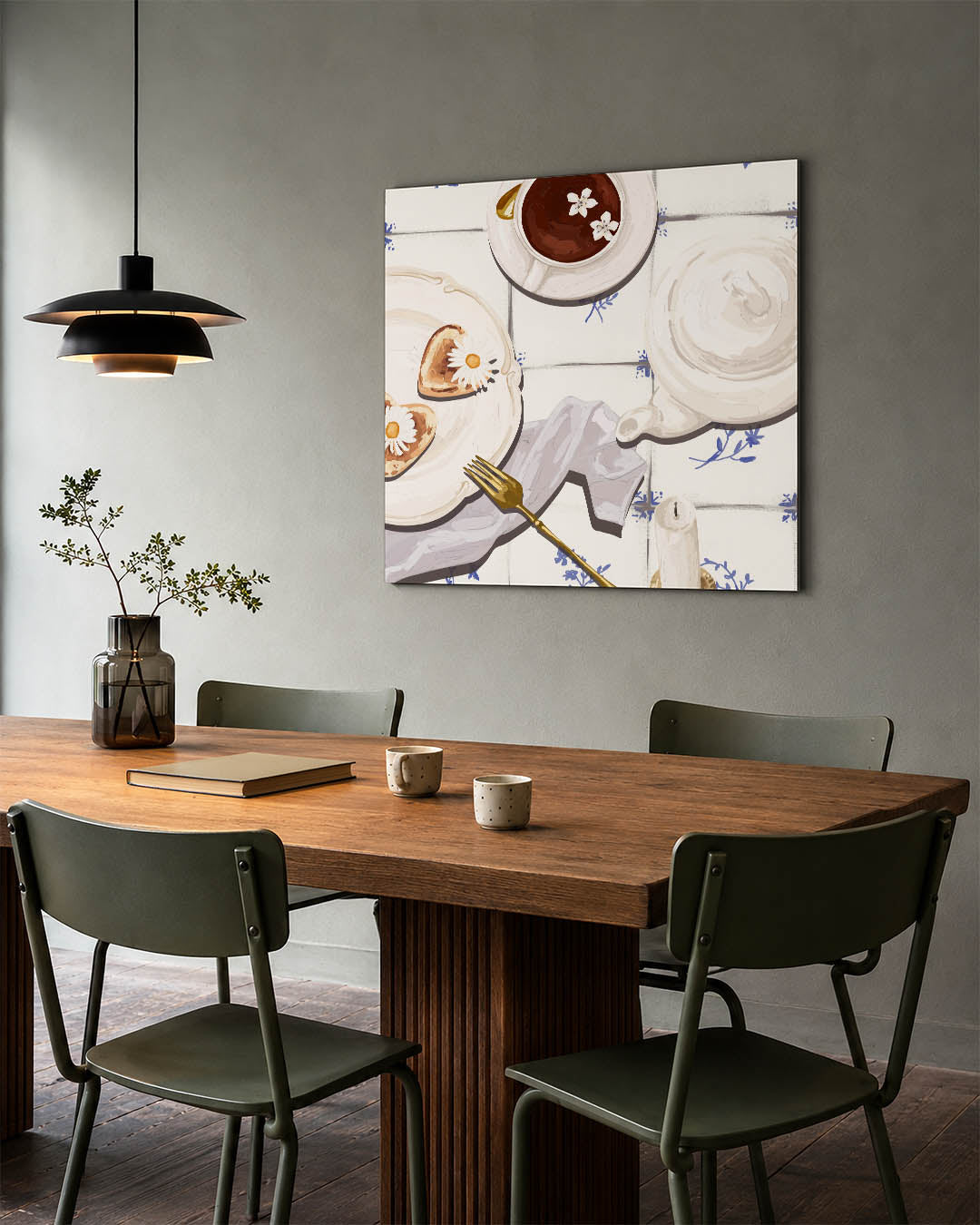 Ontbijt illustratie kunstwerk – tweede productweergave – dit werk toont een serene ontbijtscène met een kopje thee, een bord
