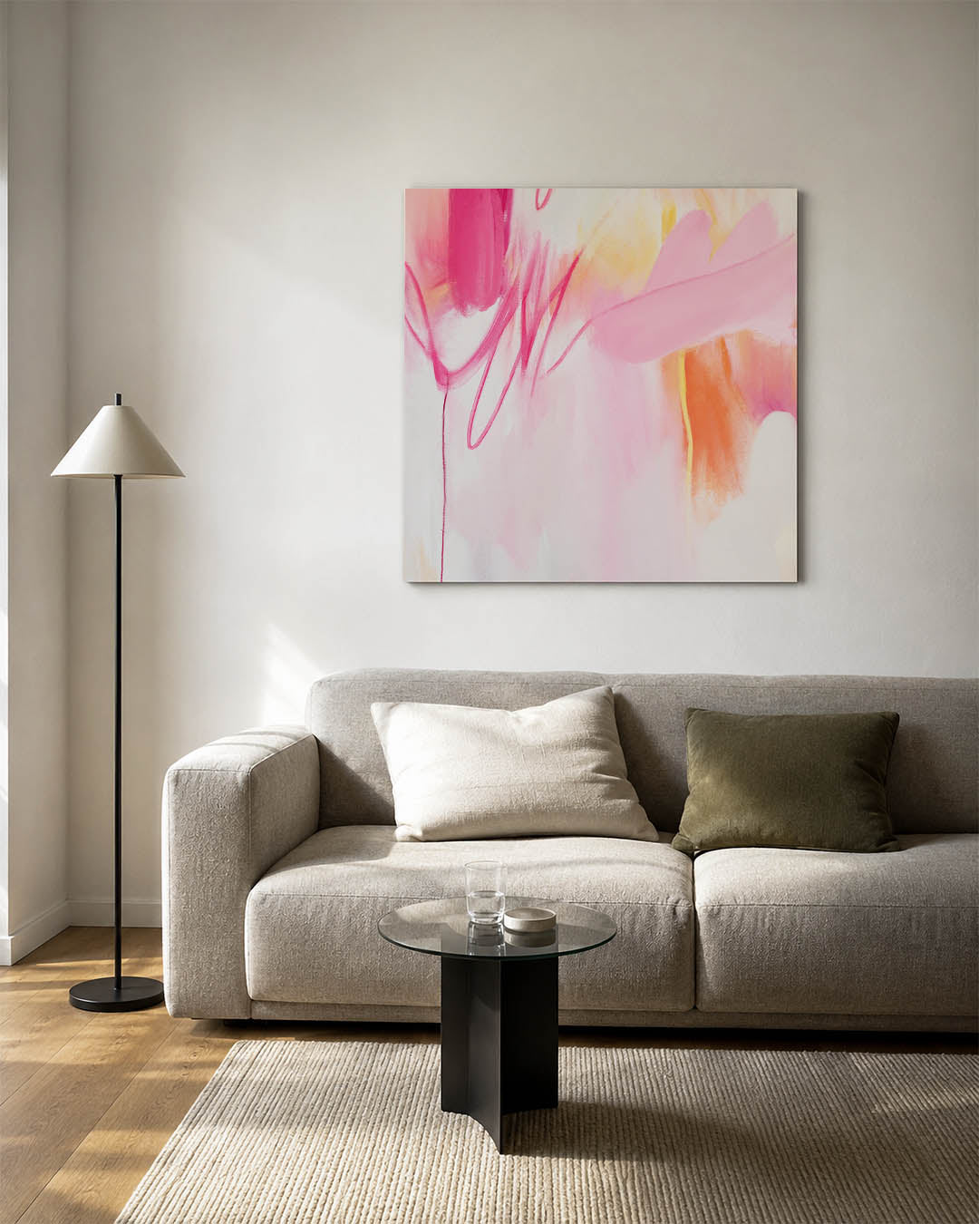 Dynamische kleurenexplosie kunstwerk – vierkante wanddecoratie – dit werk toont een levendige mix van roze en oranje tinten