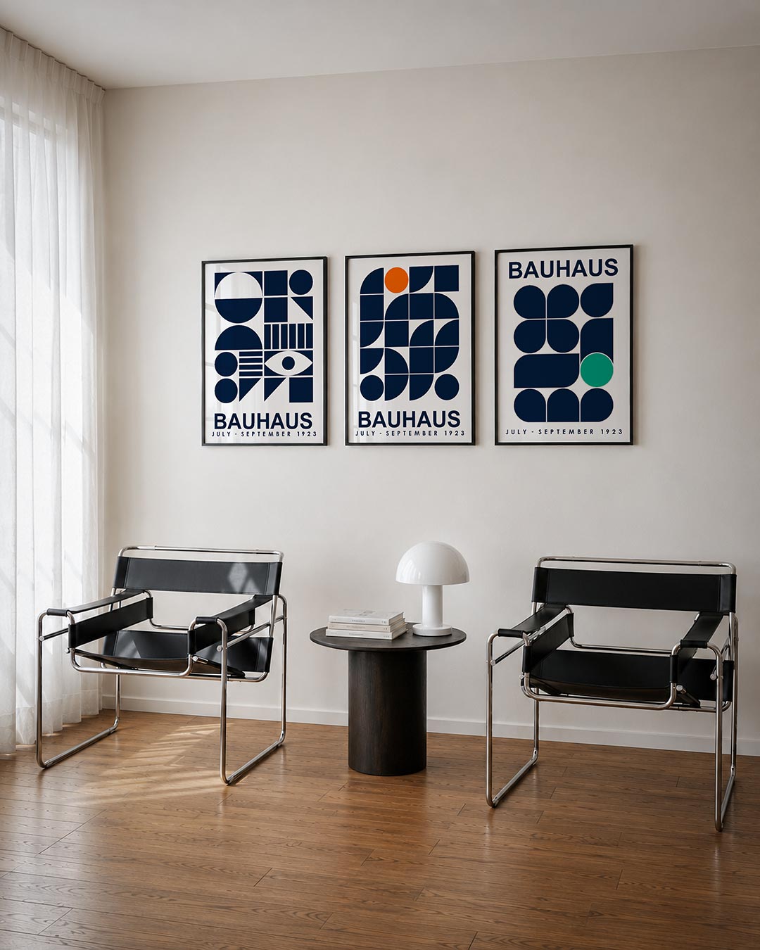 Vormen en vlakken driedelige posterset – deze posterset in drie delen toont een dynamisch spel van cirkels, halve cirkels