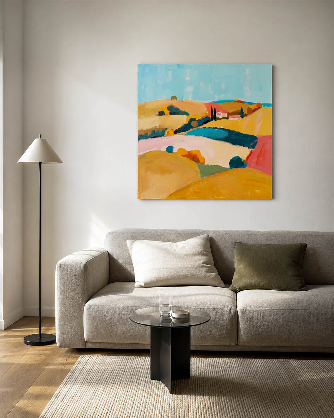 Kleurrijk landschap kunstwerk – detailweergave – dit kunstwerk toont een levendig landschap met glooiende heuvels en een