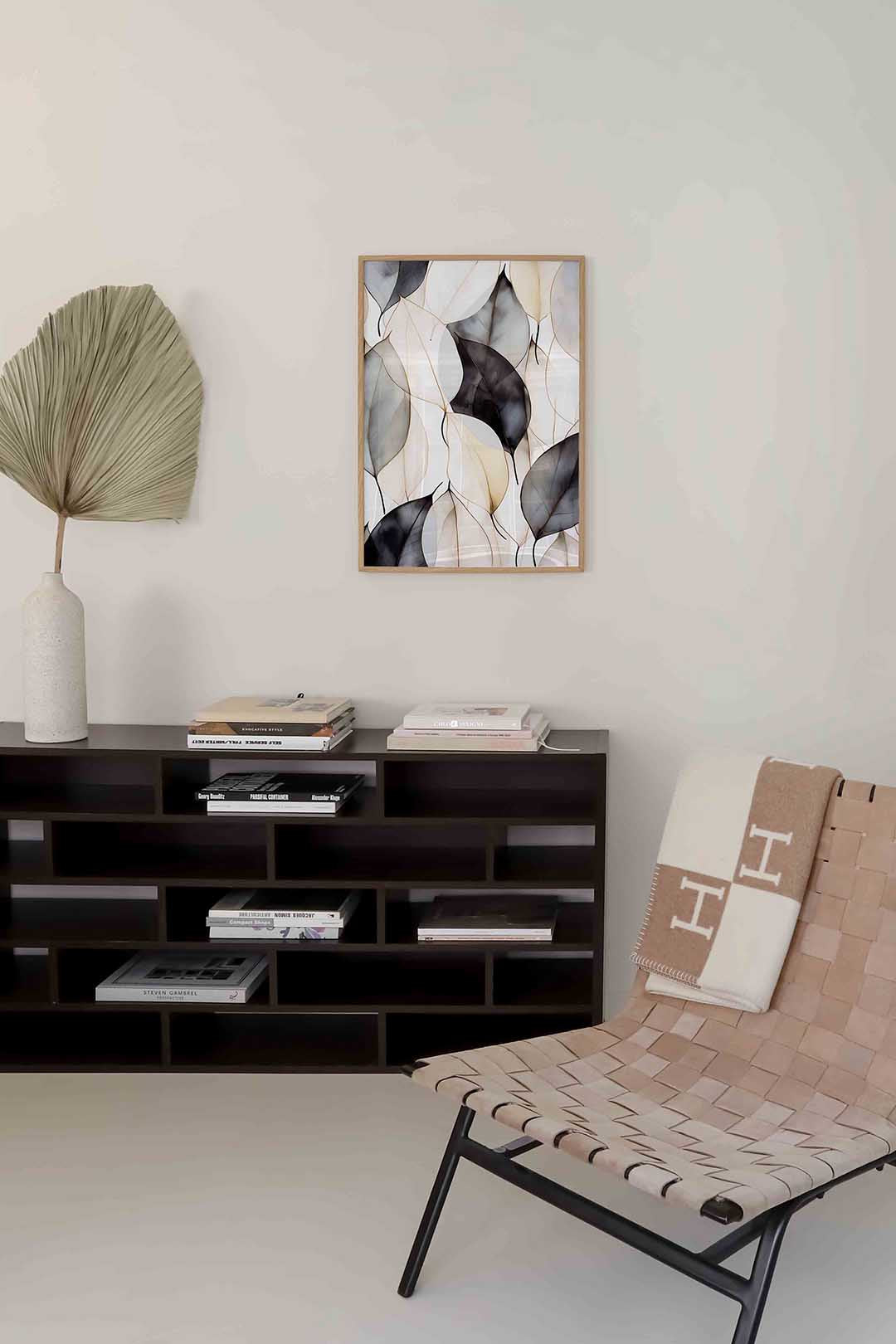 Bladeren in neutrale tinten – zachte abstracte poster in staand formaat