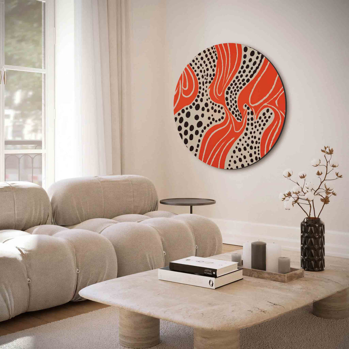 Golvende stippen – muurcirkel met abstracte texturen voor aan de muur