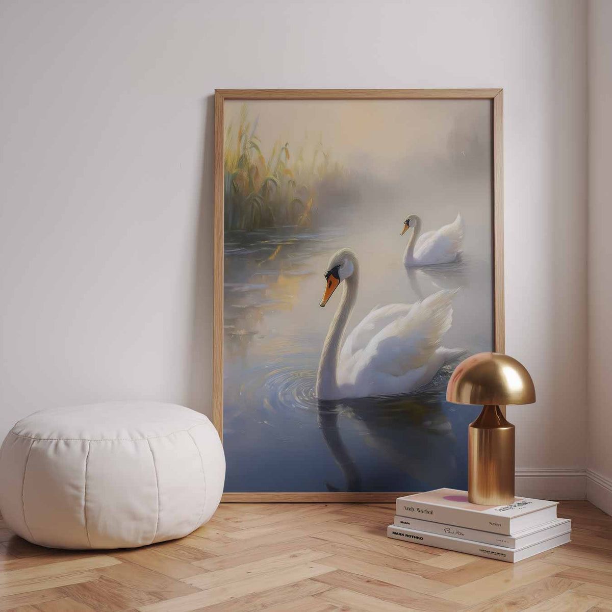 Elegant Zwevend Zwanenpaar – dieren poster in staand formaat