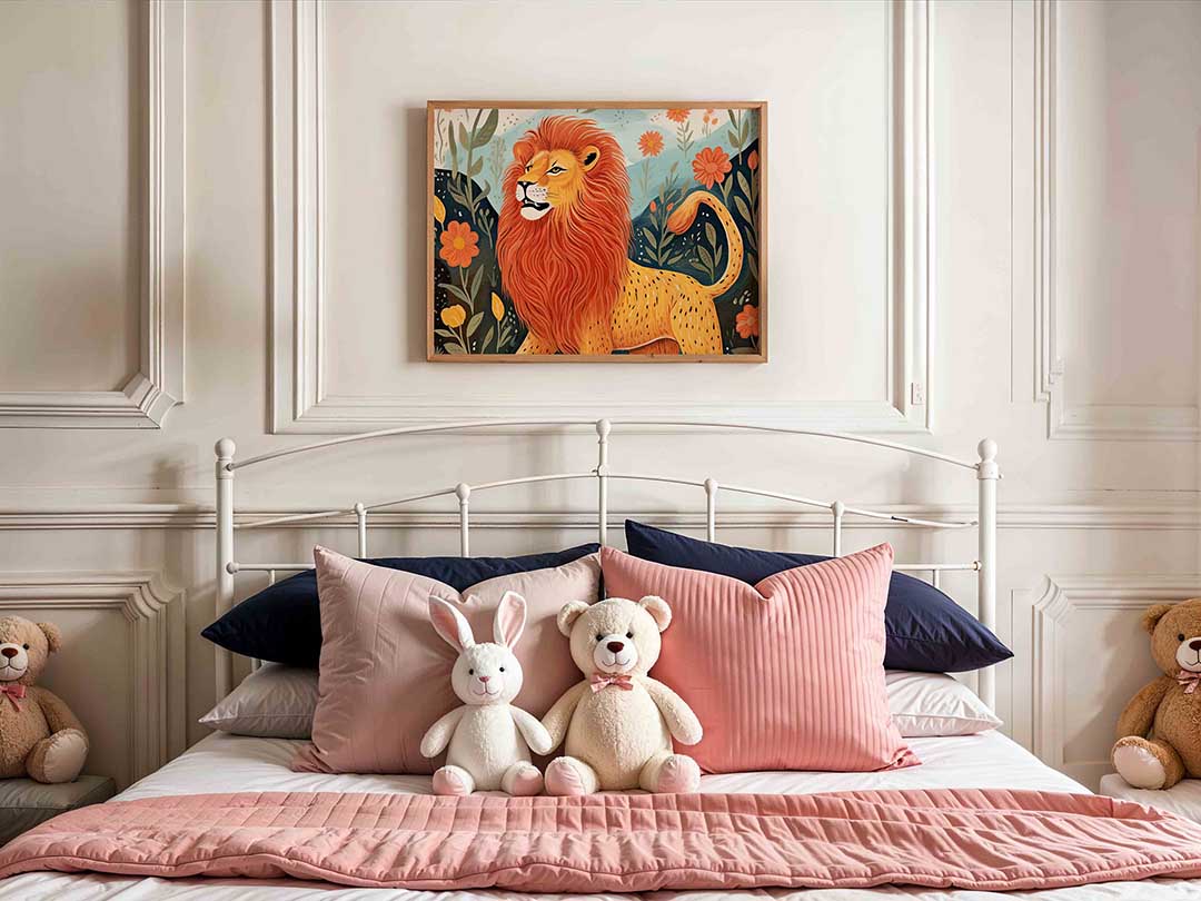 Leeuw met bloemen – kids poster in liggend formaat