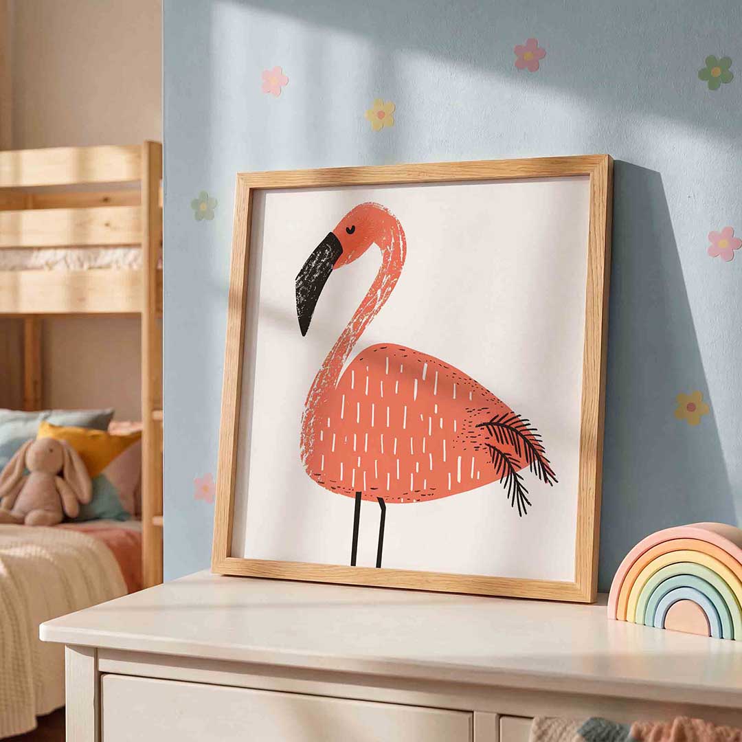 Flamingo illustratie – speelse wandkunst als vierkante kinderposter