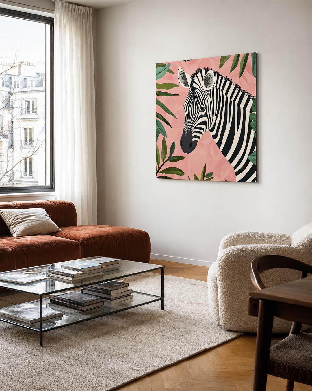 Zebra met bladeren kunstwerk – vierkante wanddecoratie – dit werk toont een zebra met zwarte en witte strepen tegen een roze